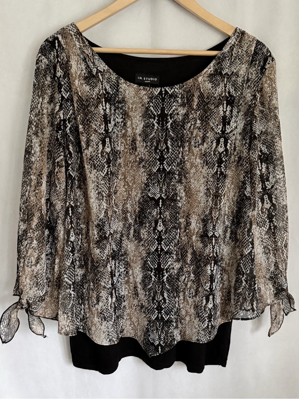 I.N. Studio Blouse Womens 1X Brown Snake Print Chiffon Tie Sleeve Tunic Top Boho